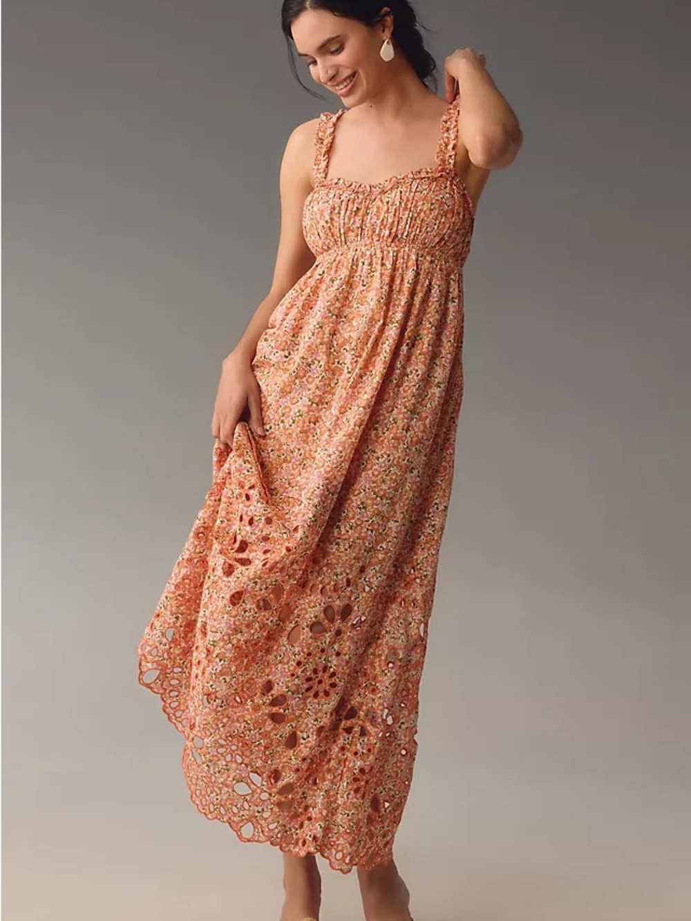 Anthropologie Smocked Floral Maxi Dress in Peach